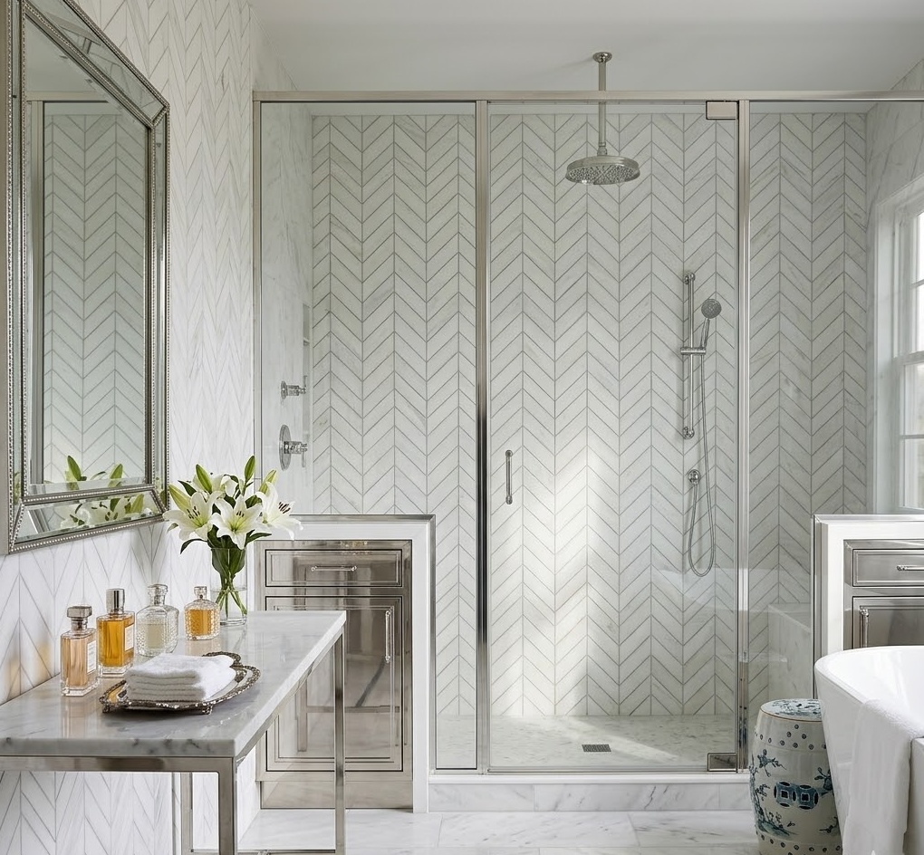 Bright luxury bathroom featuring white marble chevron wall tiles in the shower.
