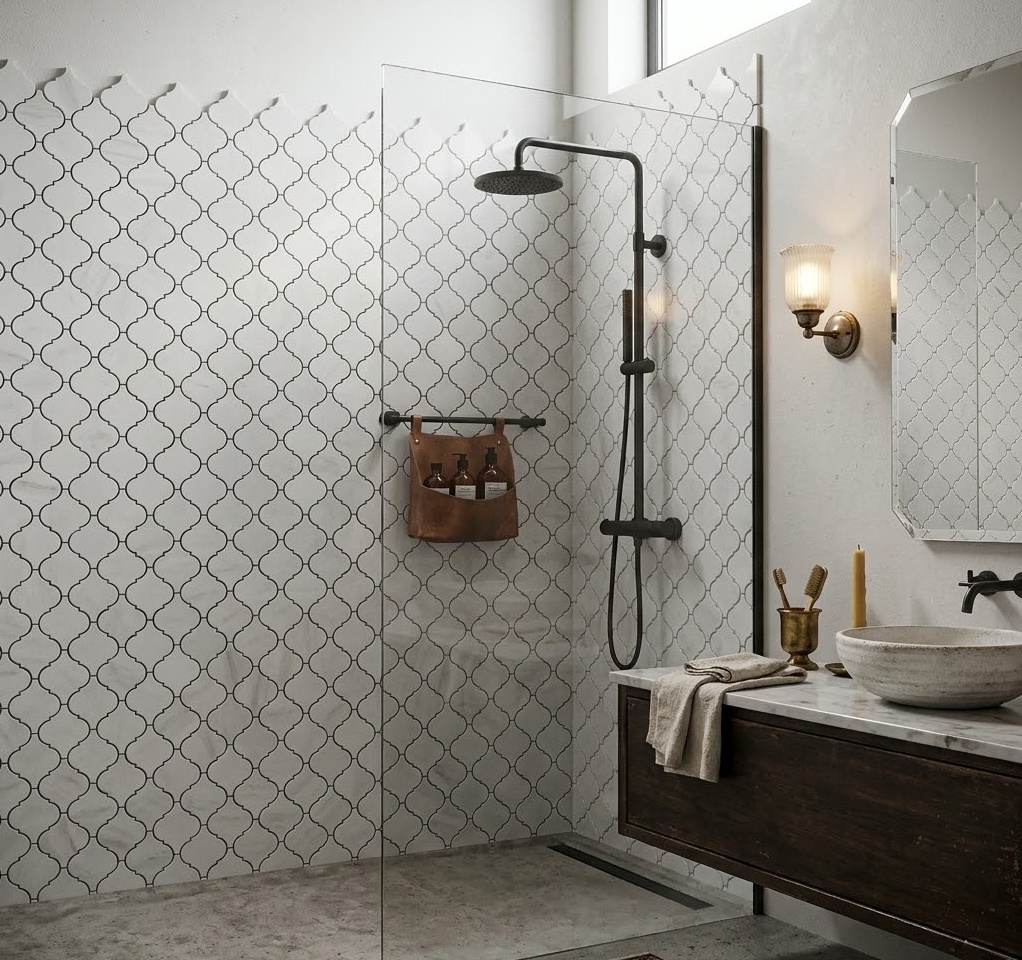 Luxury bathroom featuring a white arabesque marble mosaic tile accent wall.