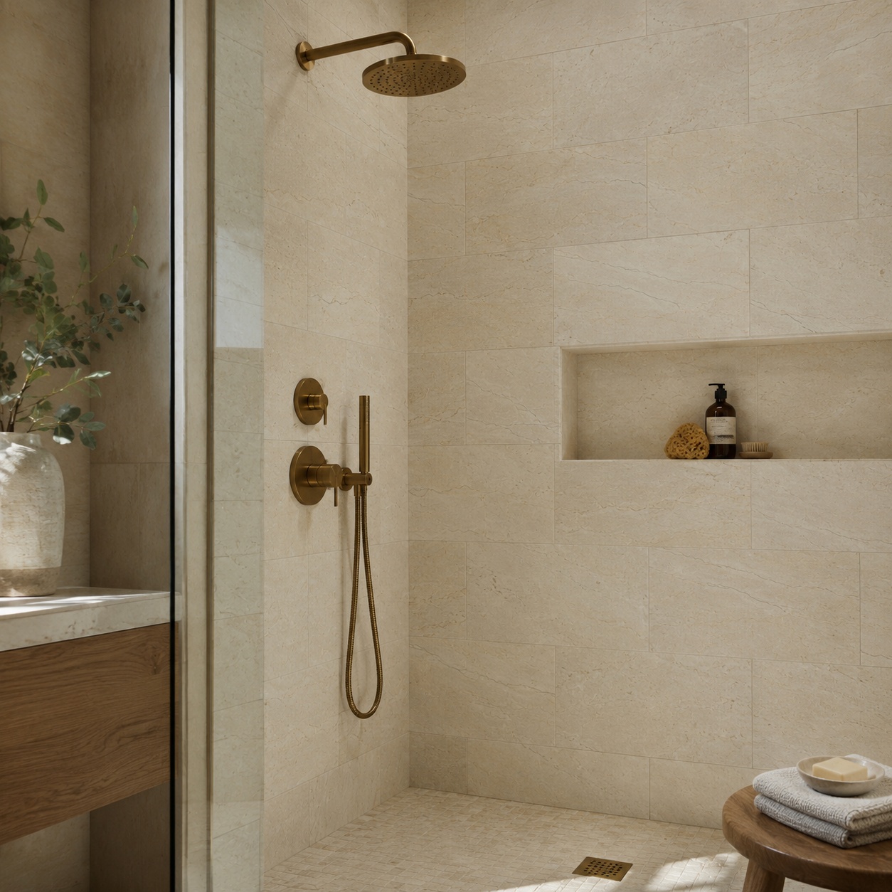 Warm contemporary bathroom showcasing a straight shower wall tiled with beige polished marble tile.