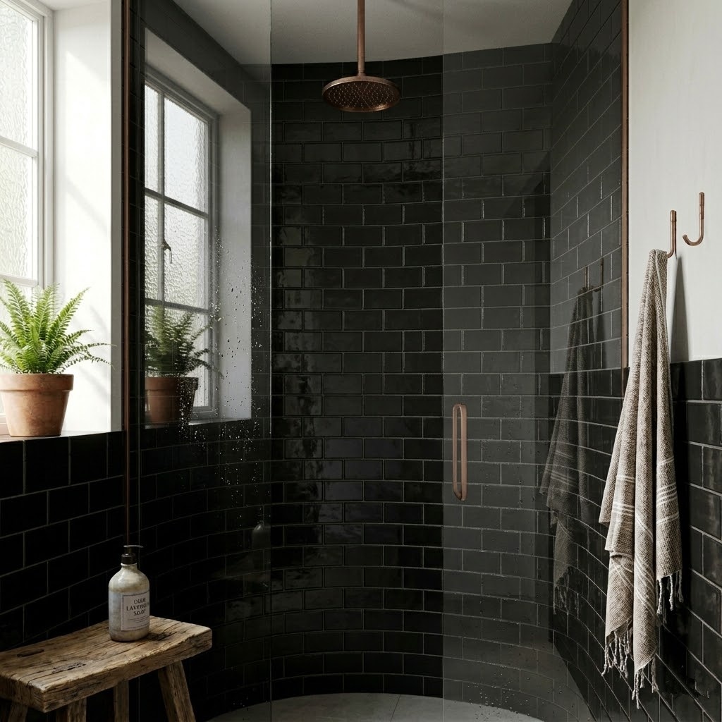 Modern bathroom interior showcasing a straight walk-in shower wall tiled with black glossy subway ceramic tile.