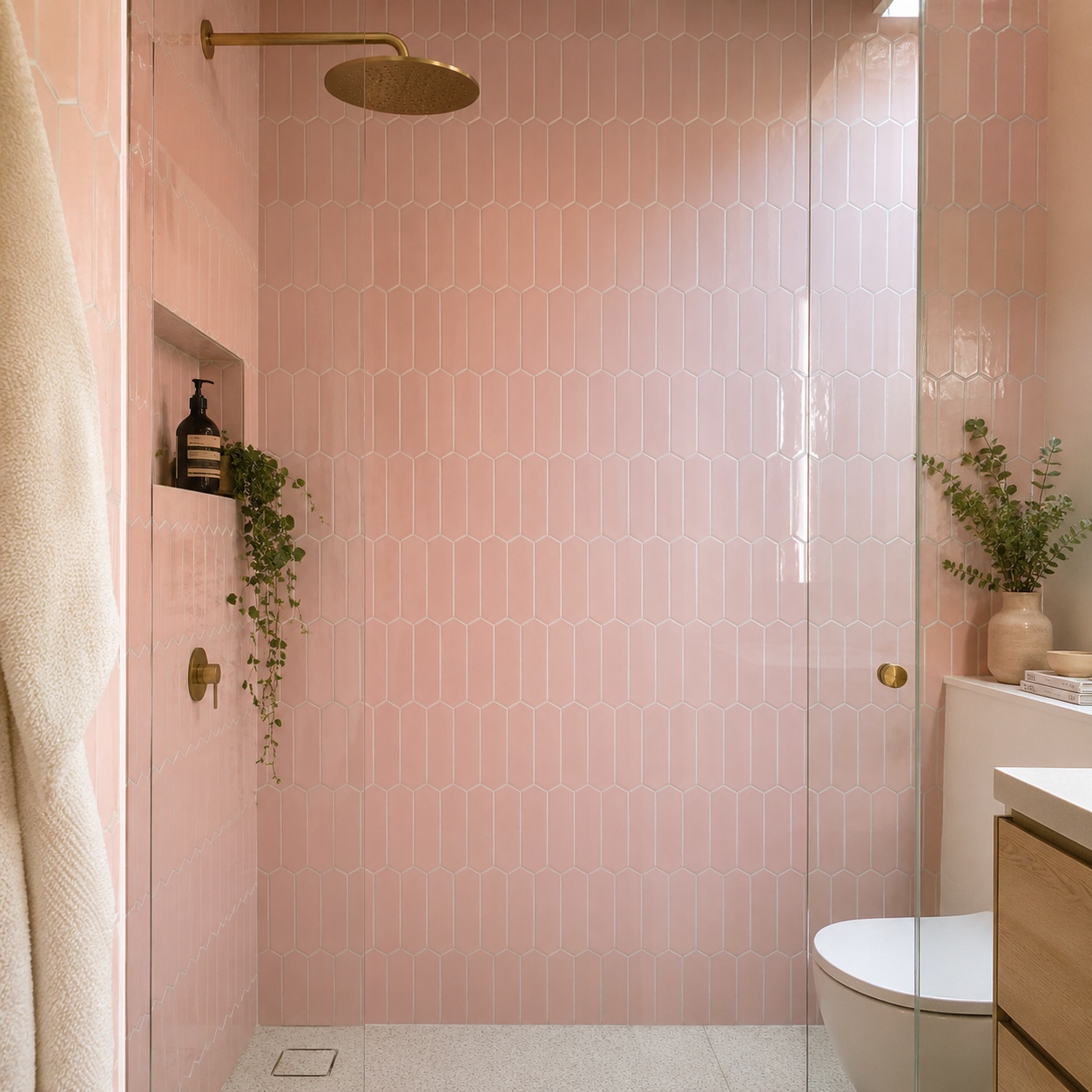 Elegant modern bathroom featuring a straight shower wall tiled with blush glossy picket ceramic tile.