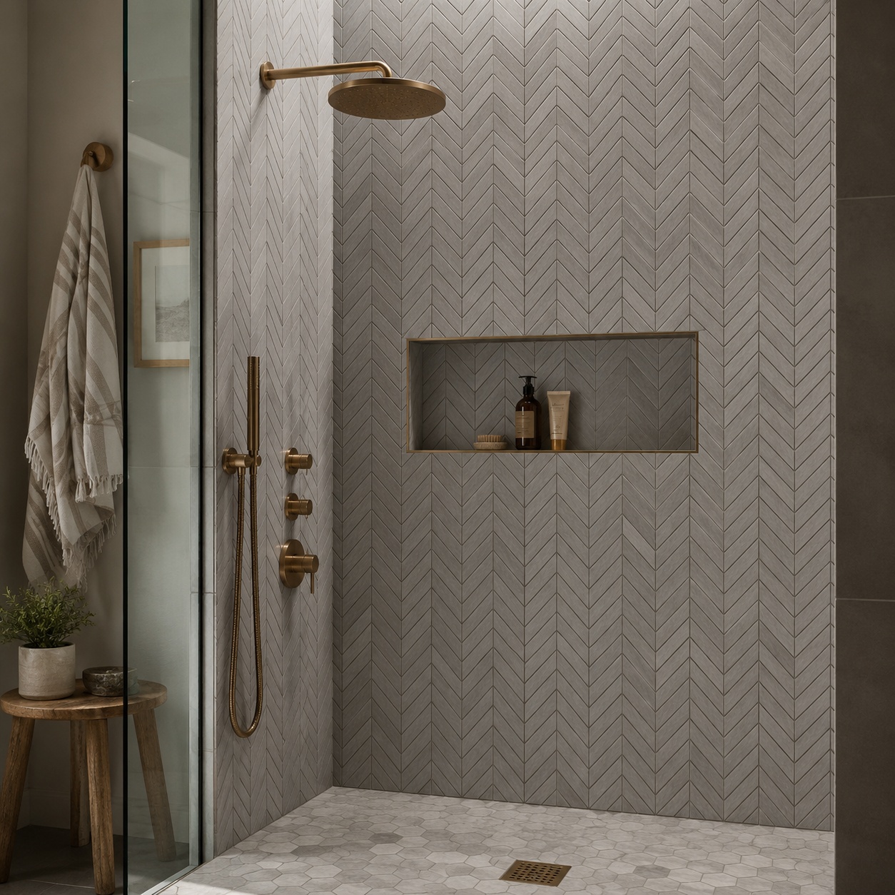Modern shower design with gray subway tile walls.