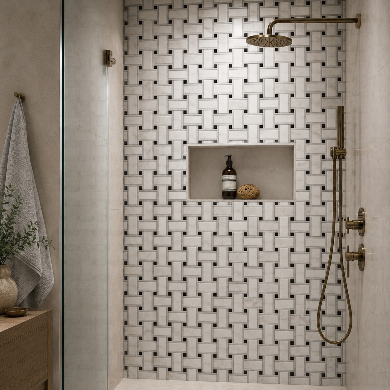 Contemporary bathroom featuring a straight shower wall tiled with multicolor marble basketweave mosaic tile.
