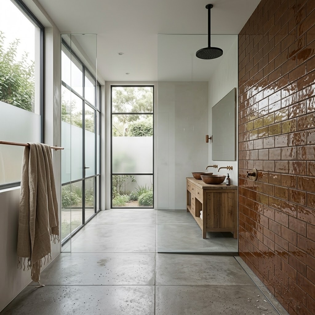 Modern open concept bathroom featuring Oak Glossy Zellige Look Glazed Terracotta Tile on a large accent wall stretching into the shower area.