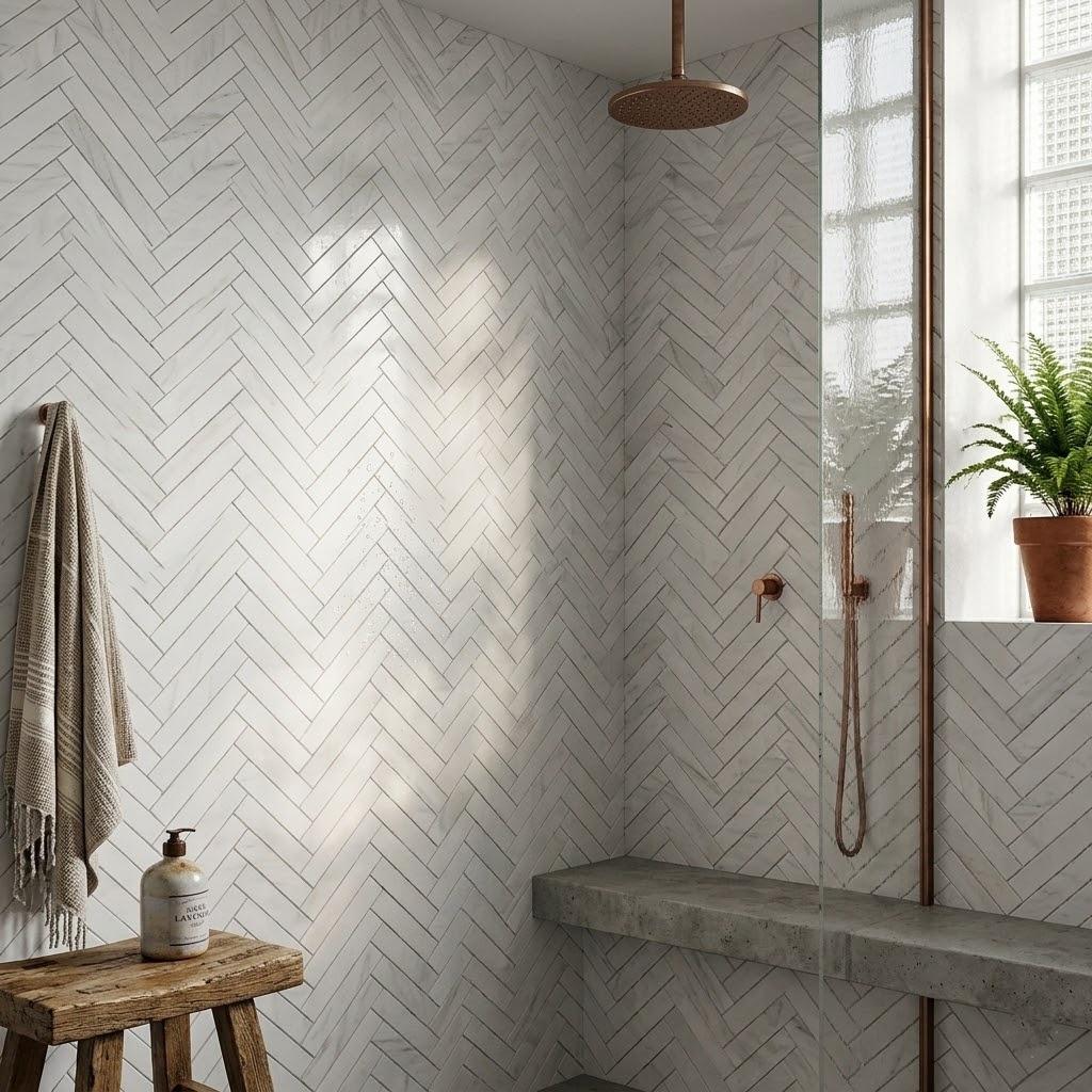 Bright modern bathroom showcasing a straight shower wall tiled with white marble herringbone mosaic tile.