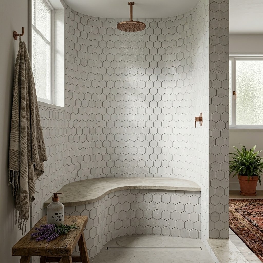 Modern curved shower wall featuring white hexagon marble mosaic tile.