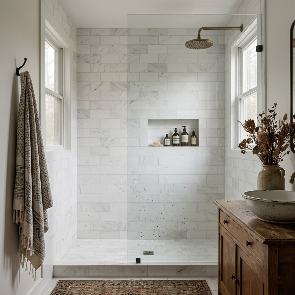 Modern bathroom featuring Blanco Marjinal white polished marble look porcelain mosaic tile in a staggered 3x6 brick pattern on a full walk in shower wall.