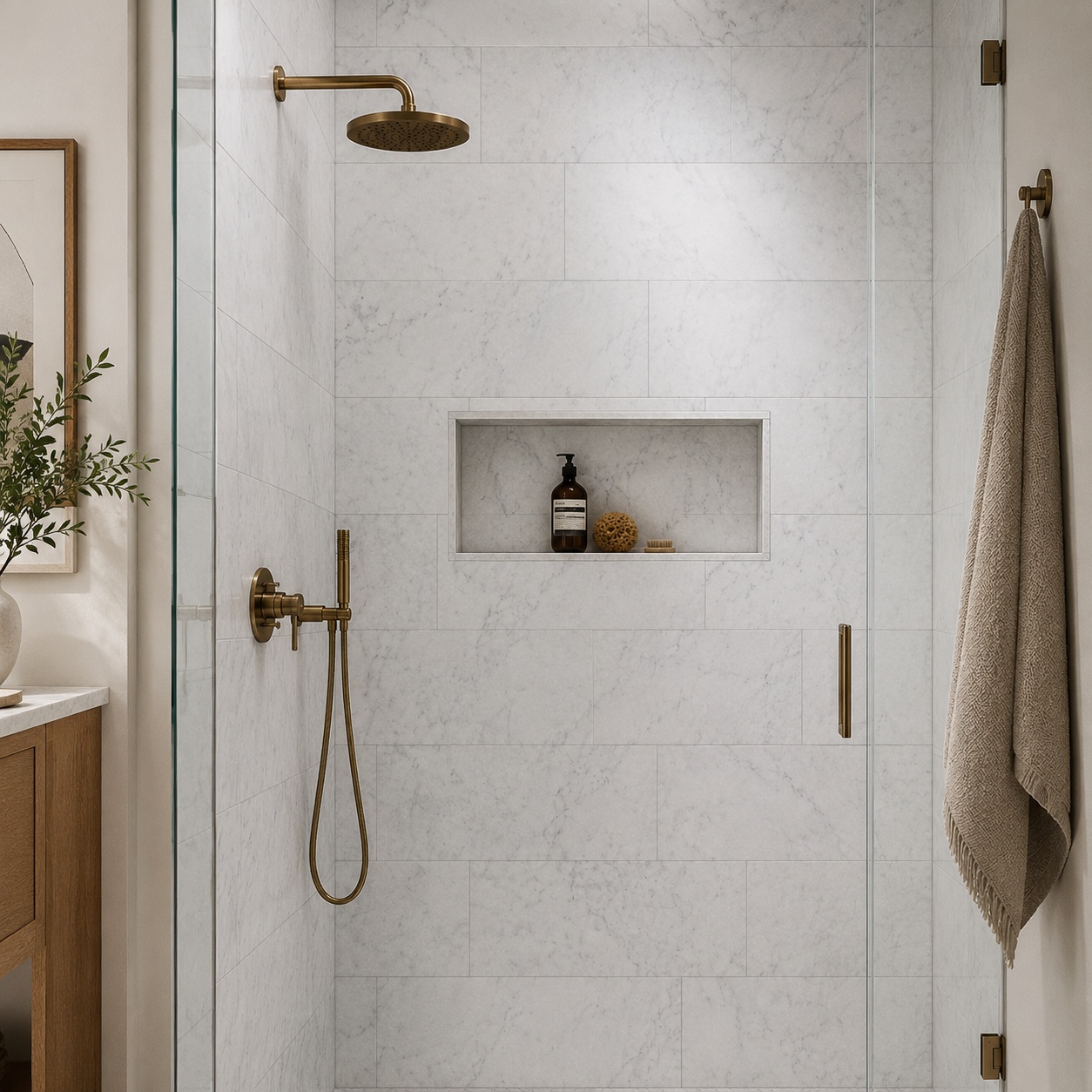 Luxurious contemporary bathroom featuring a straight shower wall tiled with white polished marble tile.