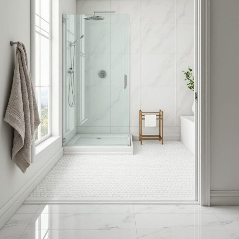 white hexagon floor tiles