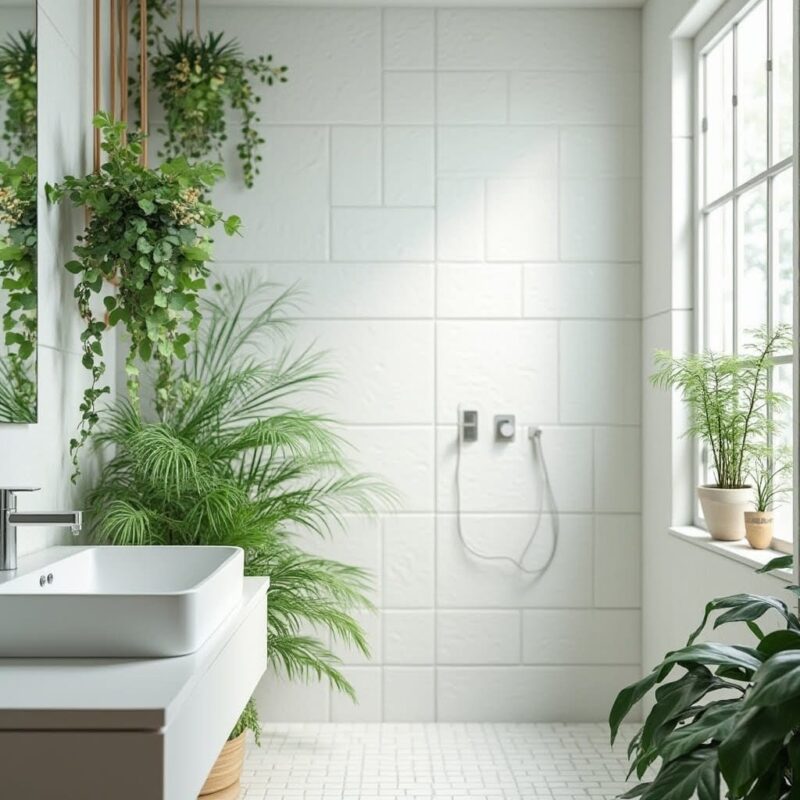 white tiles with plants