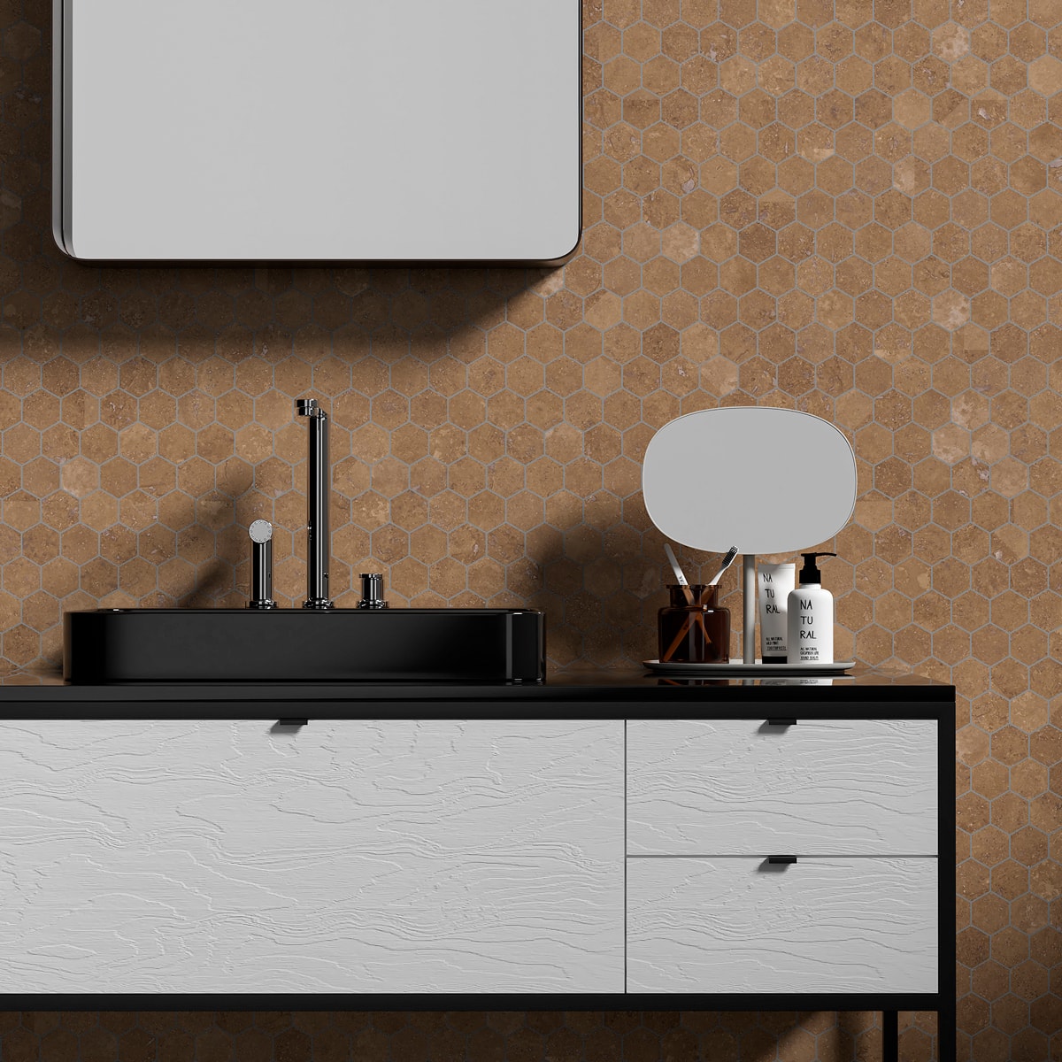 Modern bathroom with brown hexagon accent wall tile.