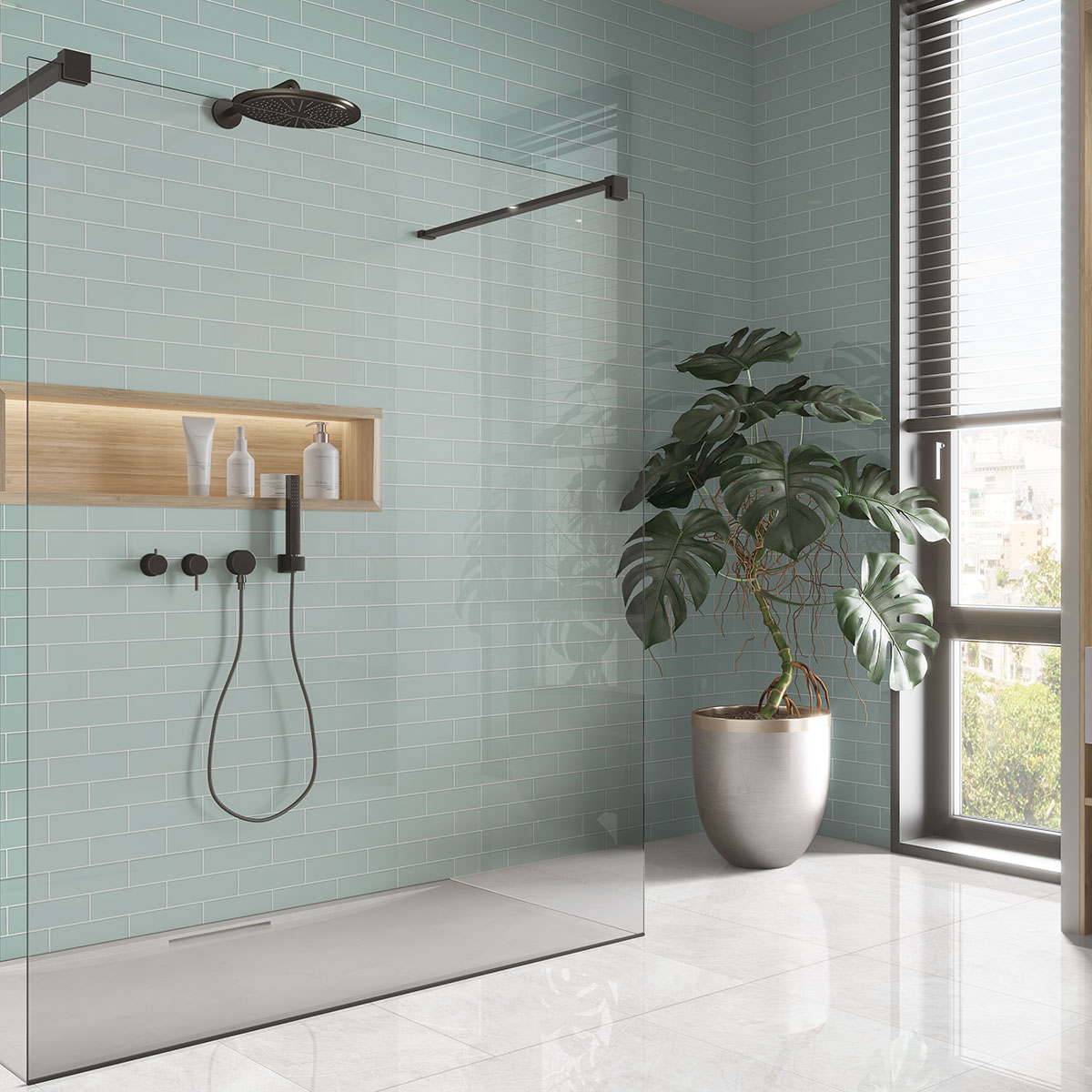 sage green subway shower tile