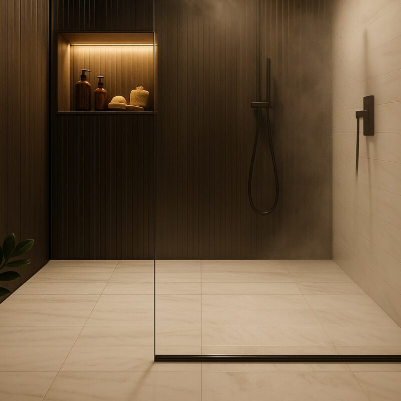Master bathroom walk-in shower featuring cool gray Bianco Dolomiti marble tiles with warm veining.