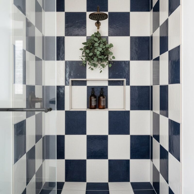 Trending walk-in shower with a checkerboard tile pattern using terracotta and blue ceramic tiles.