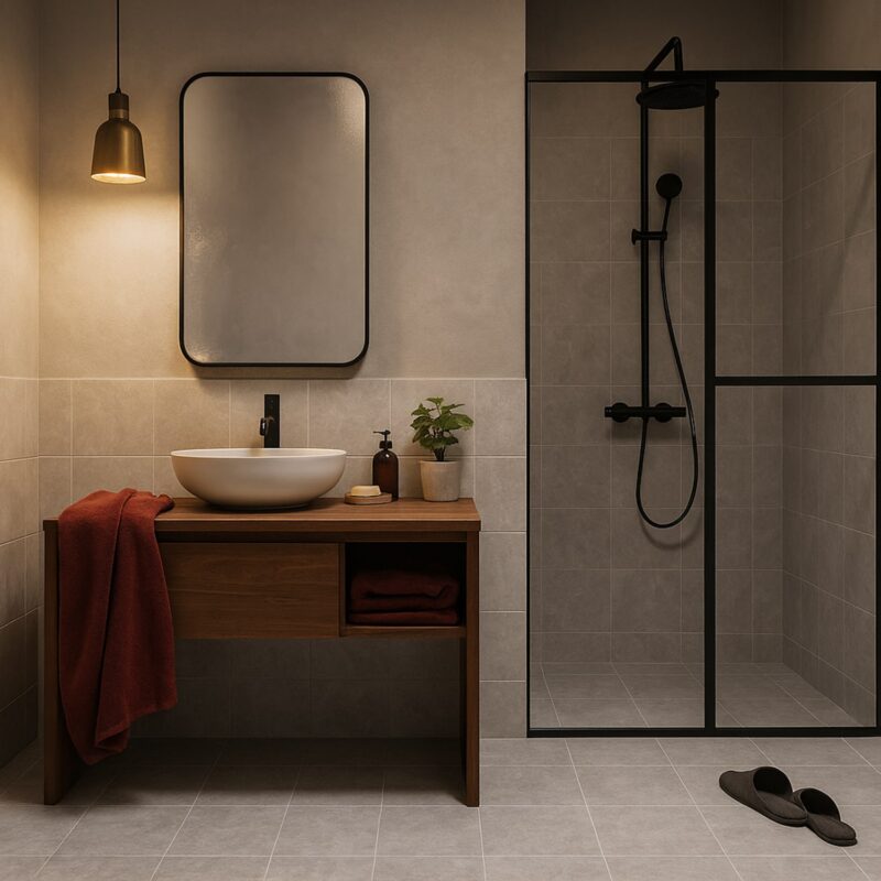 Modern walk-in shower design with large gray marble tiles and industrial black shower fixtures.