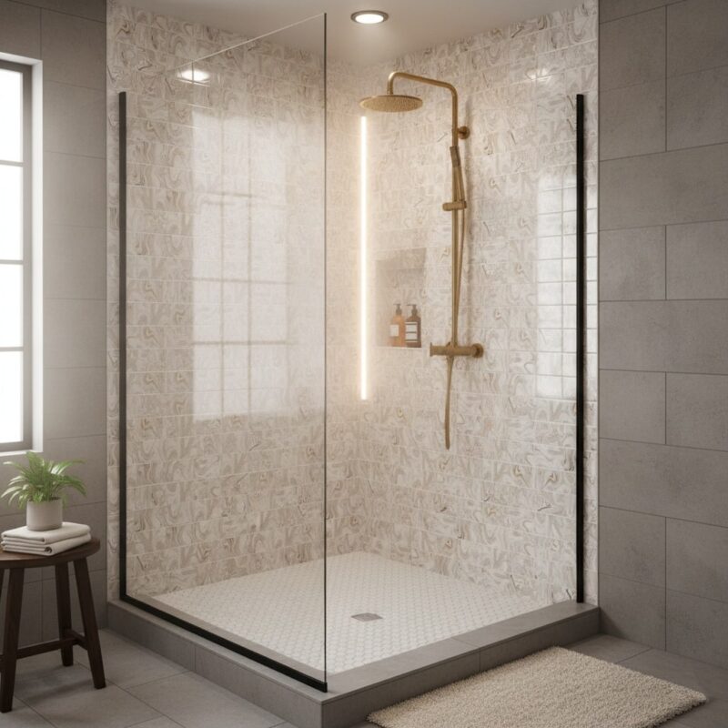 Classic white subway tile shower installation with an abstract tile pattern on the shower wall.