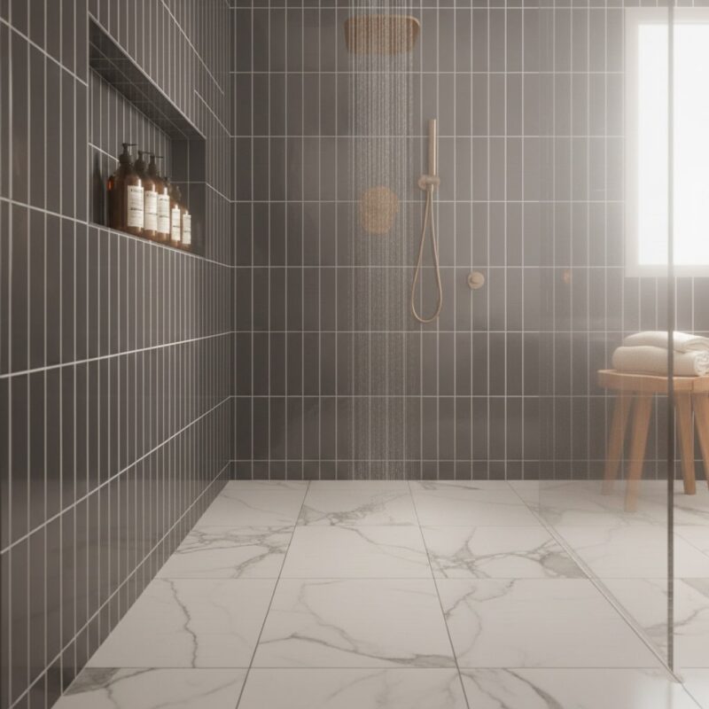 Espresso brown subway tiles installed in a vertical stack pattern to visually heighten a shower with a low ceiling.