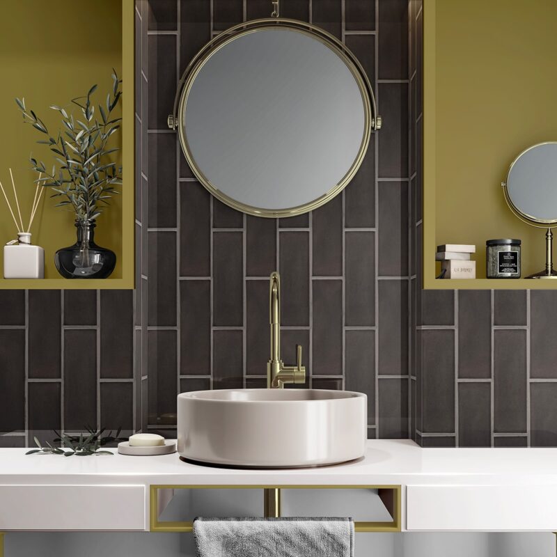 brown tile backsplash