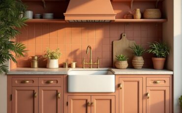 terracotta backsplash on terracotta kitchen cabinets
