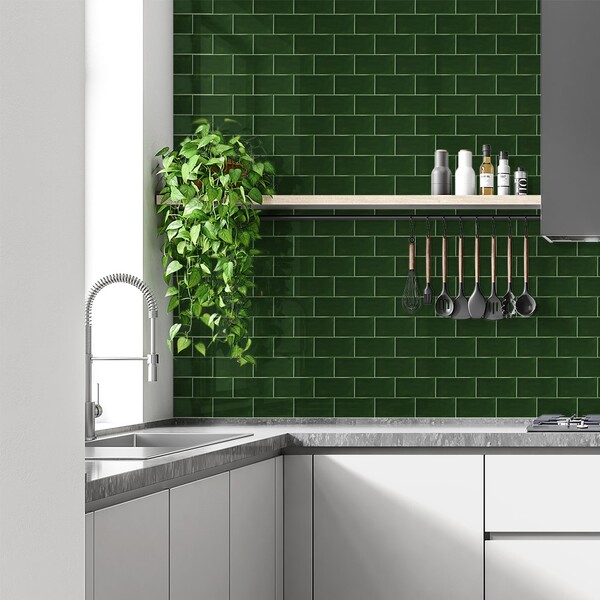 emerald green subway tile backsplash
