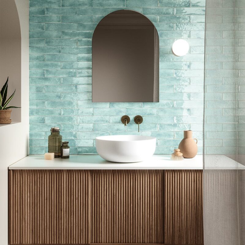 blue zellige look bathroom tile