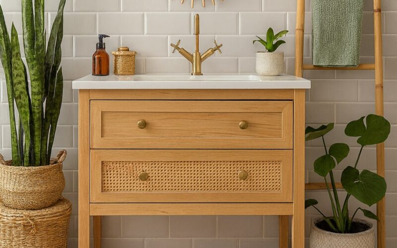 gray backsplash tile with hexagon terracotta floor tile