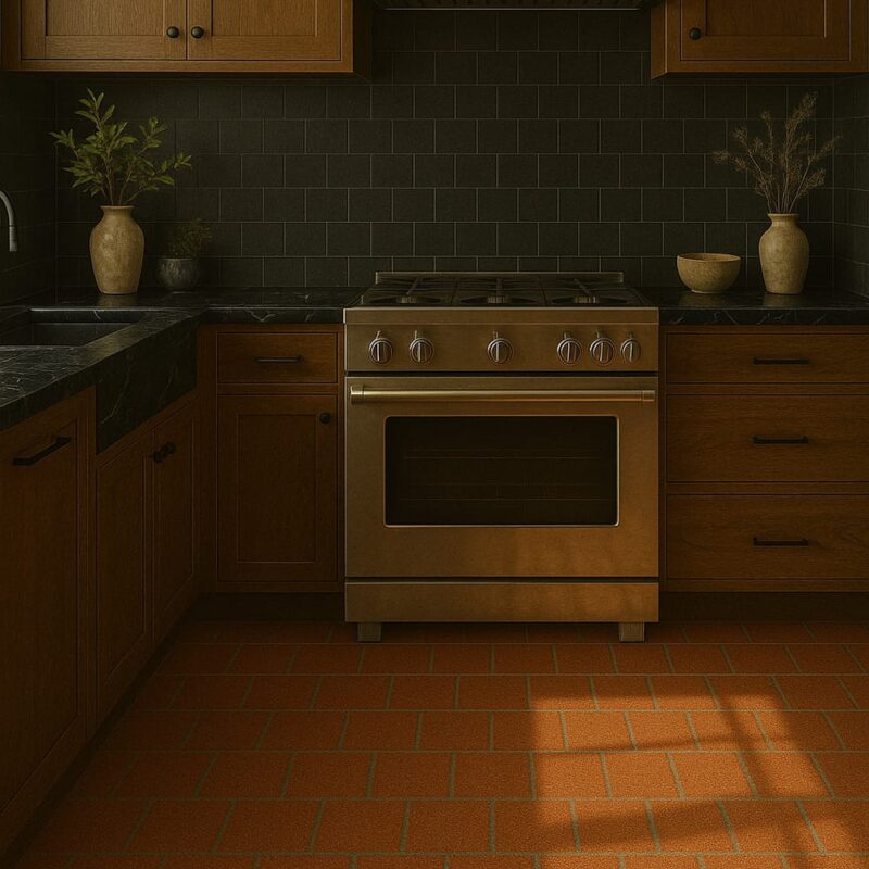 black backsplash tiles with terracotta floor tiles