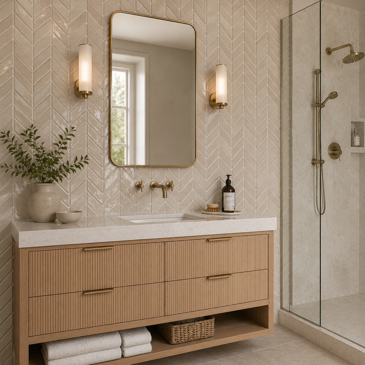 Elegant bathroom with beige chevron accent wall tile.