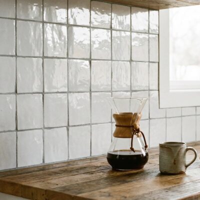 white zellige tile backsplash with grey grout