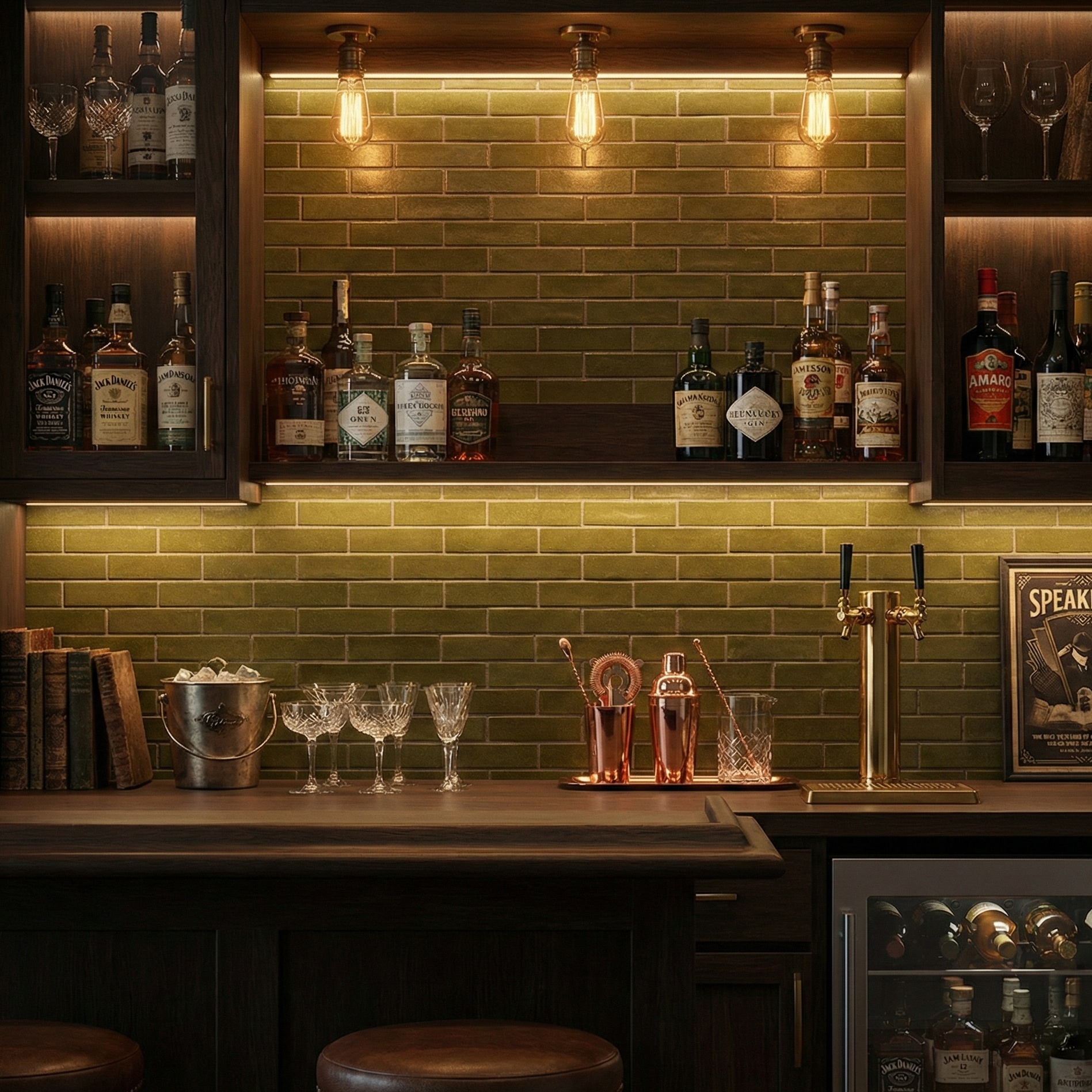 green subway wall tile on a home bar design