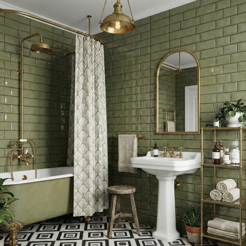 green subway tile bathroom art deco
