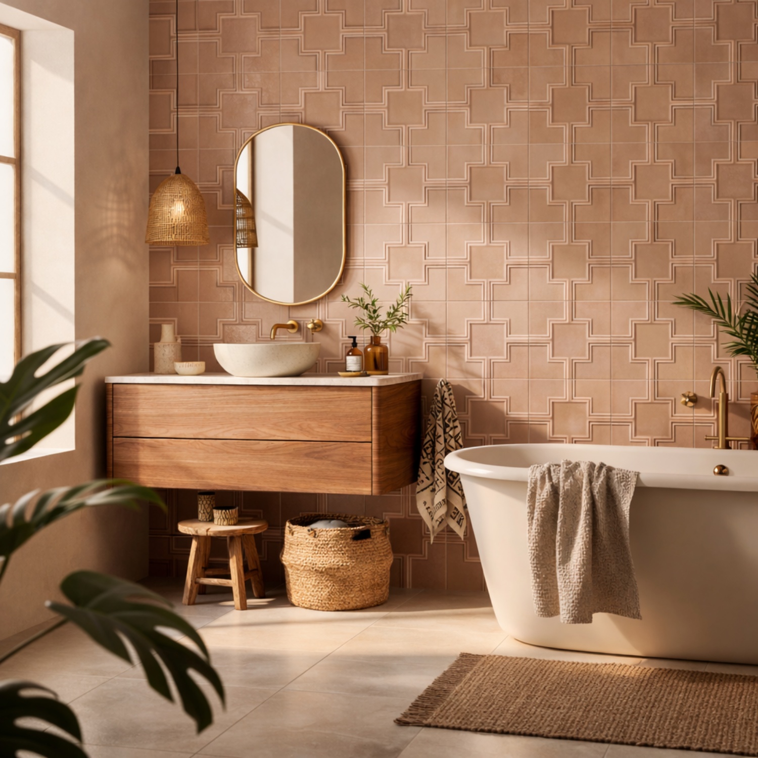 pink ceramic tile bathroom with afro bohemian design