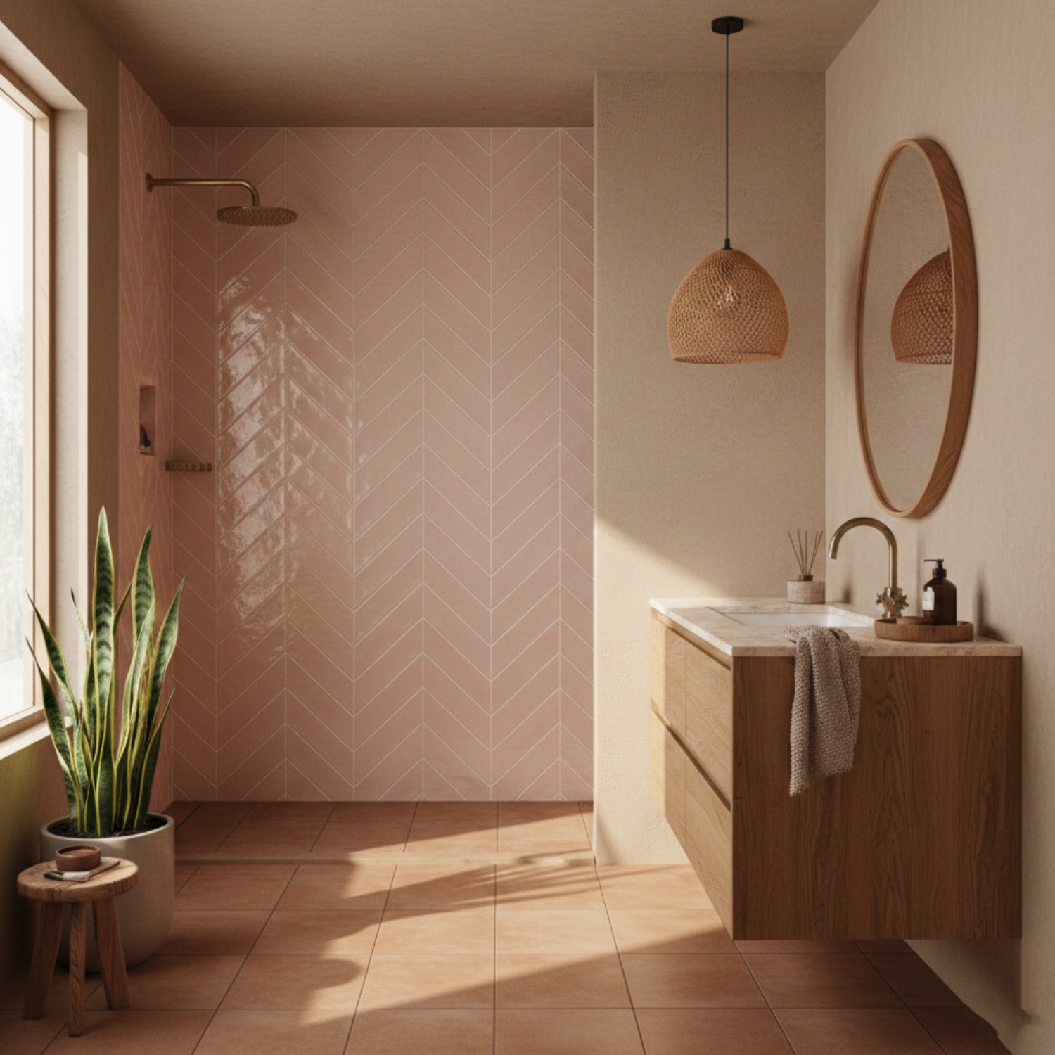 pink chevron tile bathroom with afrohemian decor