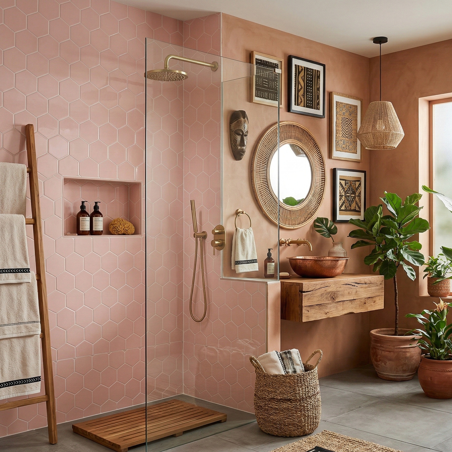 pink hexagon tile in afrohemian decor