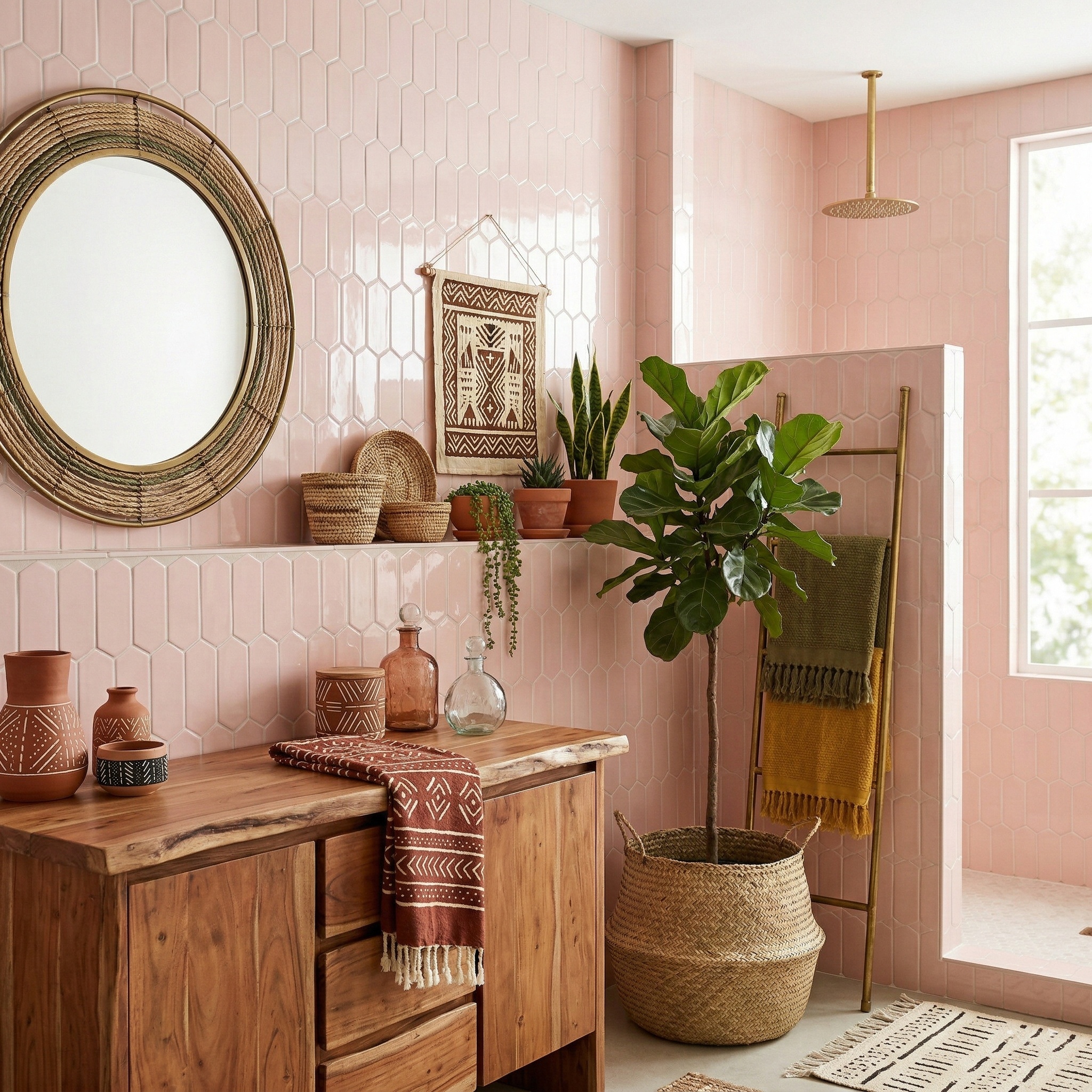 pink picket tile bathroom with afrohemian design