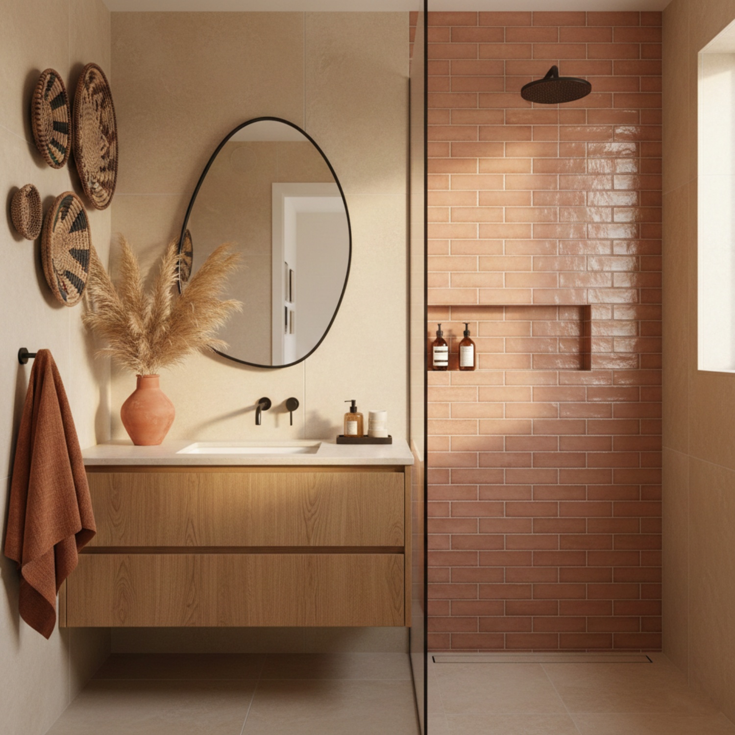 pink subway tile bathroom with afro bohemian decor