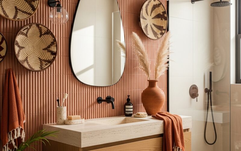 pink tile bathroom with afrohemian decor