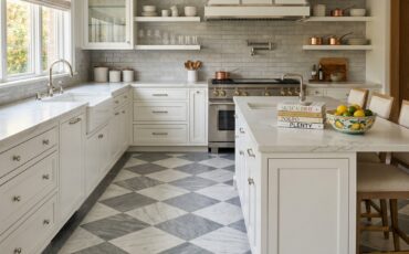 white and gray checkerboard kitchen floor tiles for white cabinets