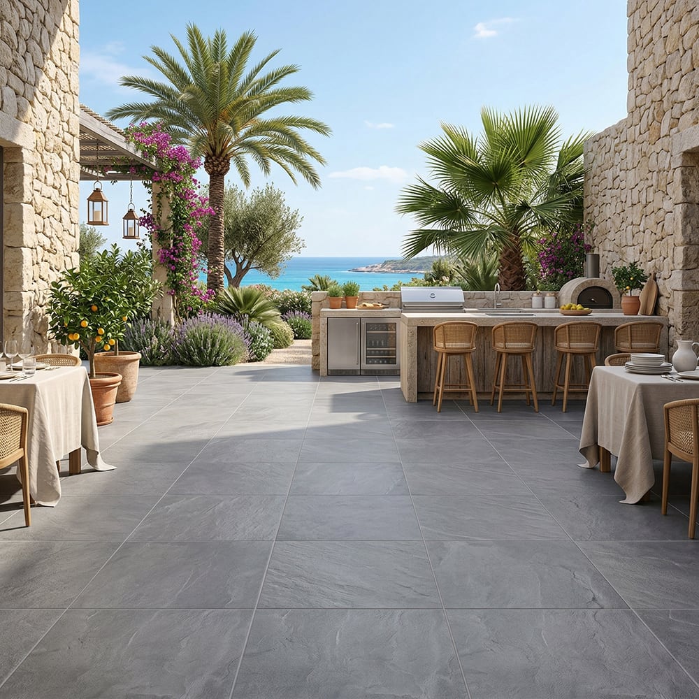 outdoor kitchen flooring with porcelain pavers