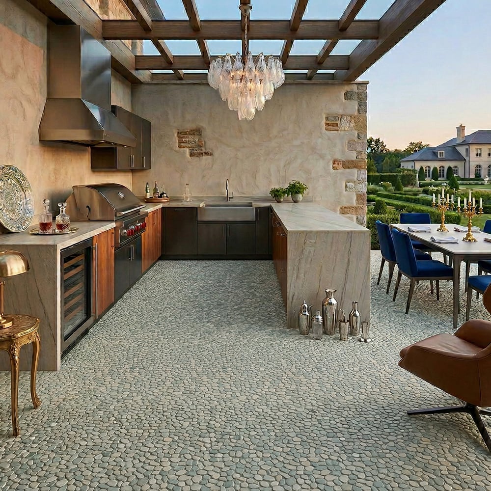 pebble floor tiles for outdoor kitchen
