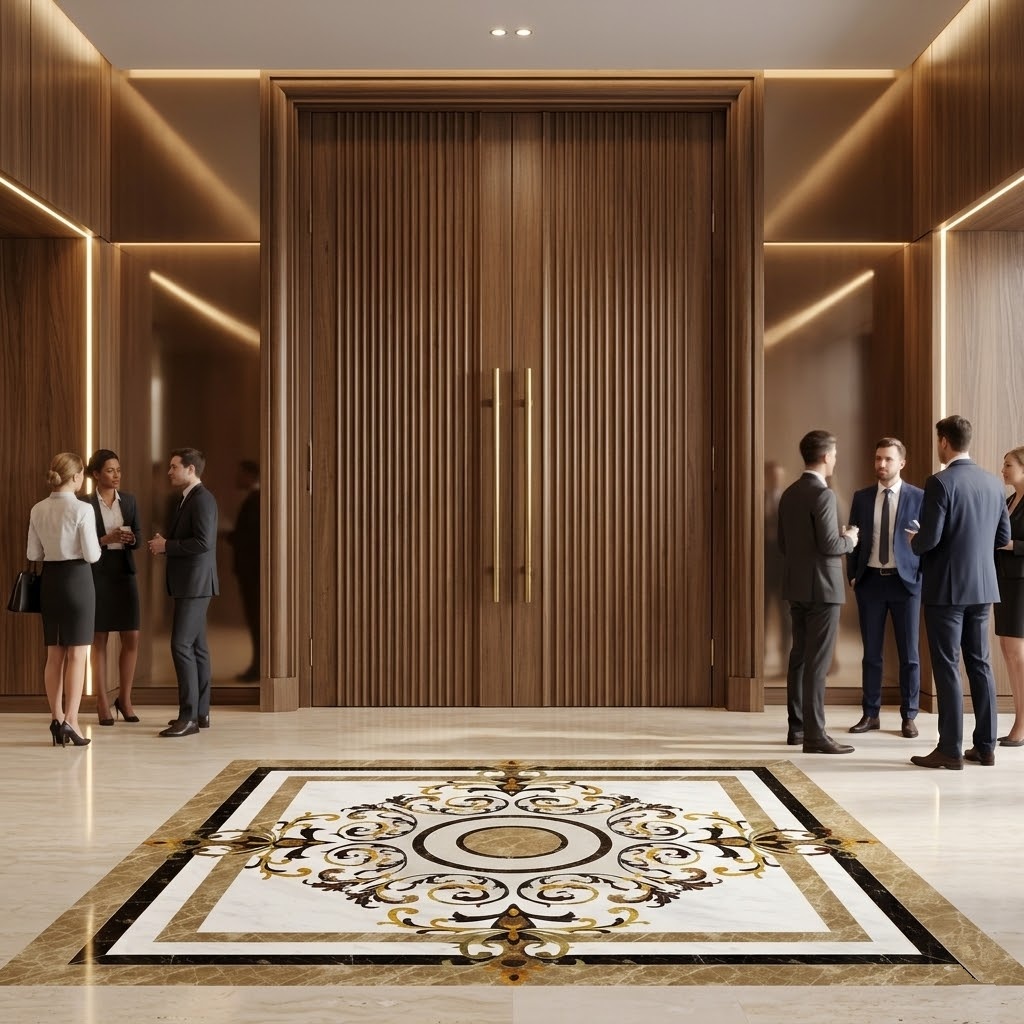 square marble floor medallions in a meeting room