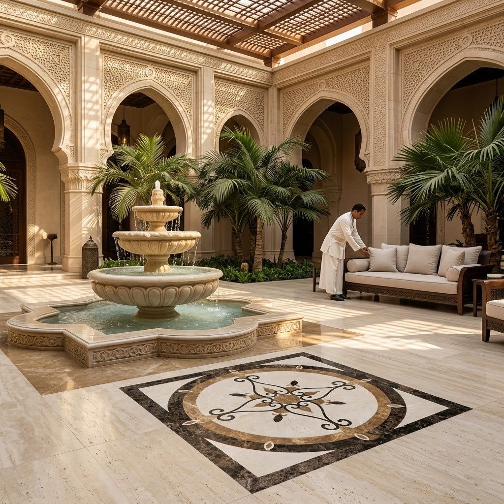 square marble floor medallions installation on hotel pool area