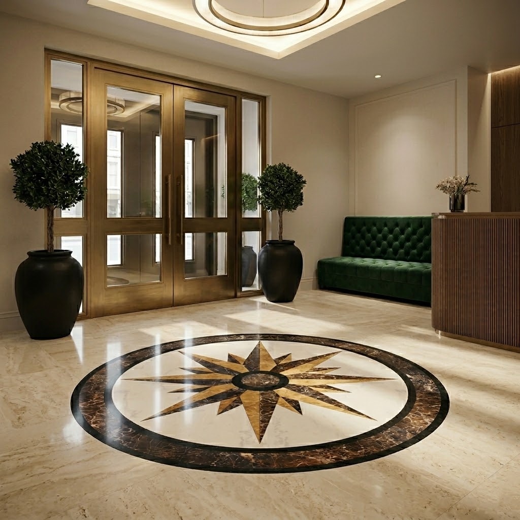 compass marble floor medallion on a hotel entryway floor