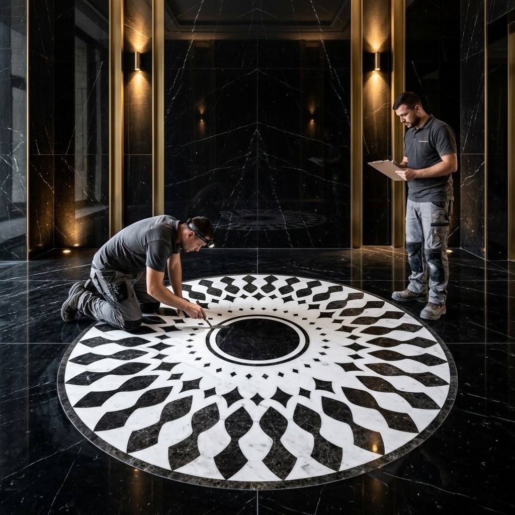 hotel lobby floor medallion installation