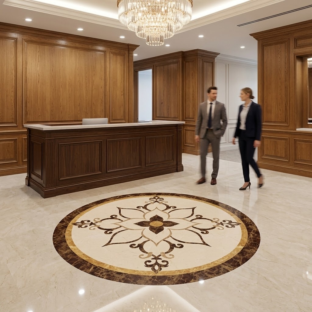 marble medallion on business center entryway