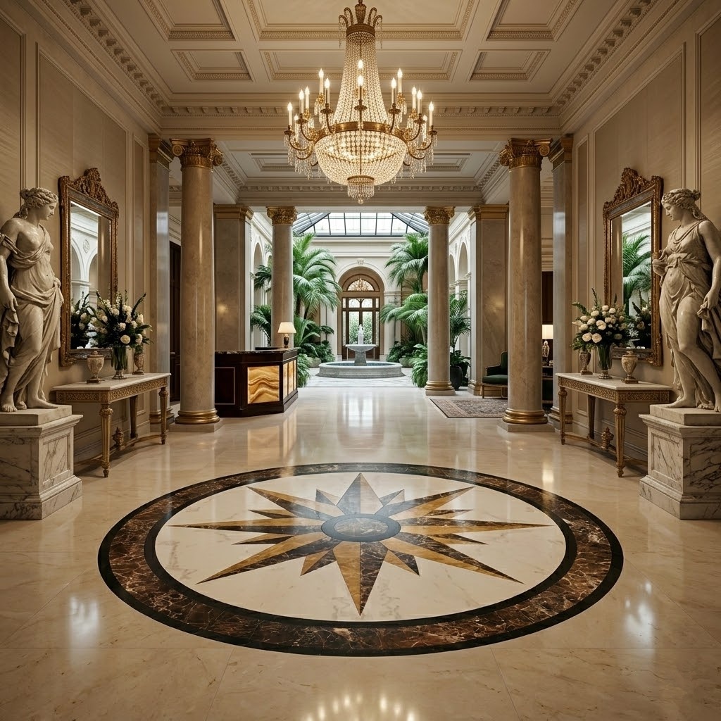 round marble compass medallion for a luxury hotel entryway design